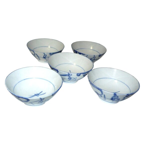 Set 5 Porcelain Blue & White Asian Rice Soup Dessert Bowls Hand Painted Vintage - Picture 2 of 7